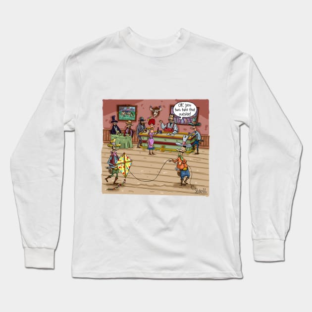 Cowboys flying a kite in a wild west saloon. Long Sleeve T-Shirt by macccc8